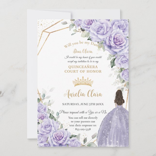 Purple Lavender Floral Quinceañera Dama Proposal Invitation (Front)