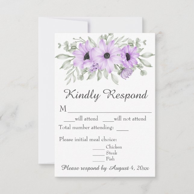 Purple Lavender Floral Script Wedding RSVP Card (Front)