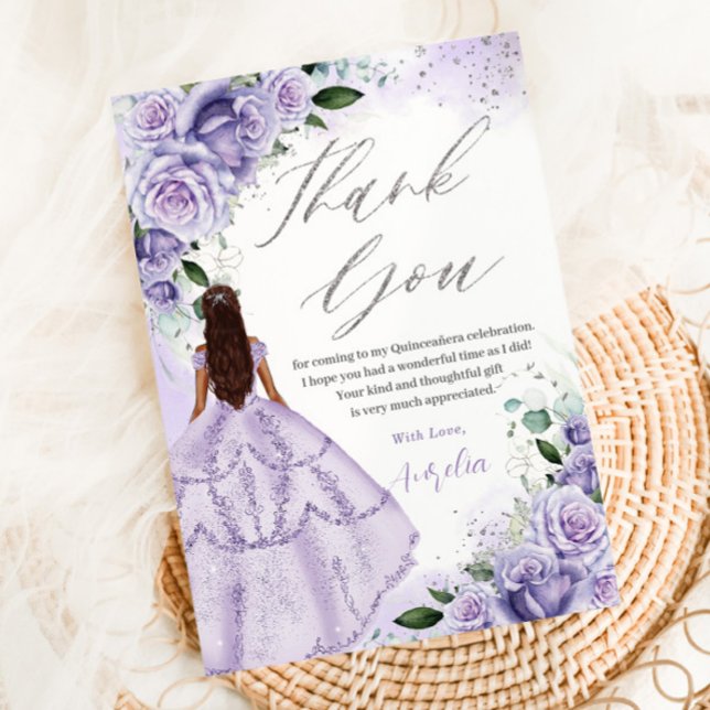 Purple Lavender Floral Silver Quinceanera Sweet 16 Thank You Card (Creator Uploaded)