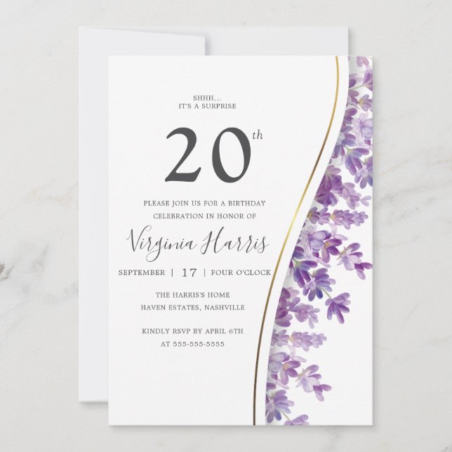 Purple Lavender Floral Twenty 20th Birthday Invitation (Front)