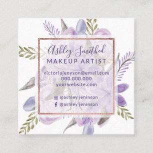 Purple lavender floral watercolor rose gold makeup square business card