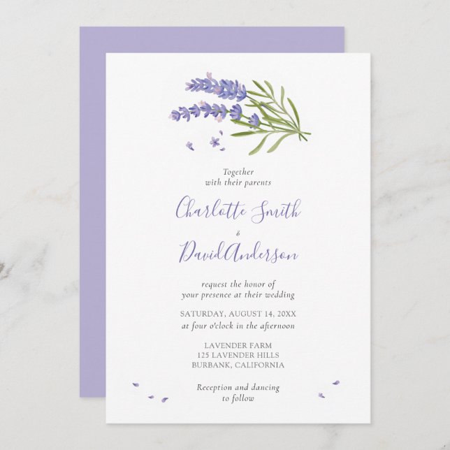 Purple Lavender Floral Wedding Invitation (Front/Back)
