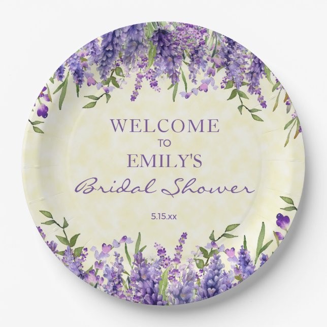 Purple Lavender Floral Yellow Bridal Shower Paper Plate (Front)