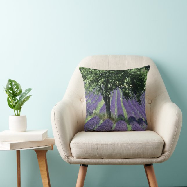 Purple Lavender Flowers Olive Trees Art Painting Throw Pillow (Chair)
