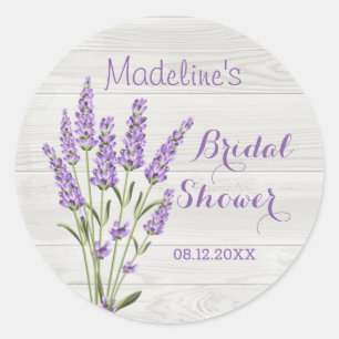 Purple lavender flowers on wood Bridal Shower Classic Round Sticker