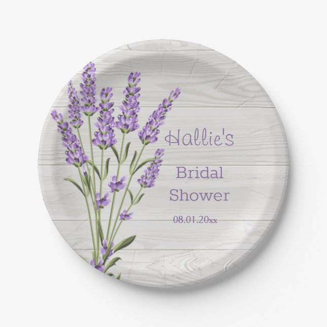Purple lavender flowers on wood Bridal Shower Paper Plate (Front)