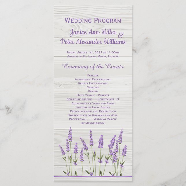 Purple lavender flowers on wood Wedding Program (Front)