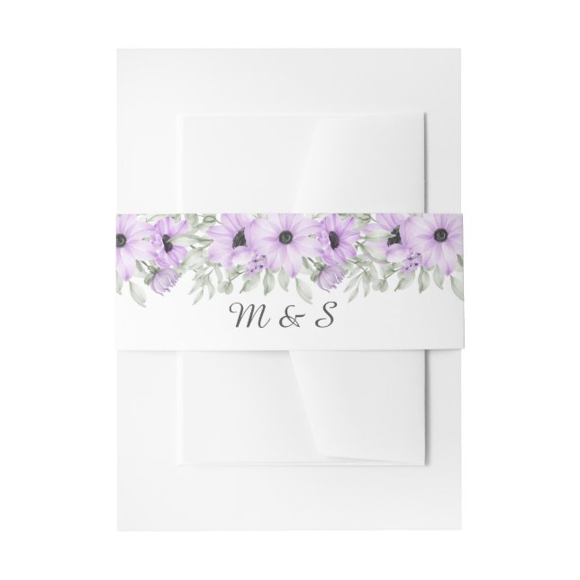 Purple Lavender Flowers Script Wedding Invitation Belly Band (Front Example)
