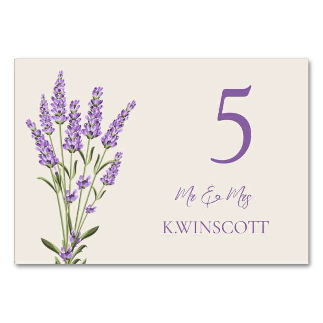 Purple Lavender Flowers Table Number Place card (Front)