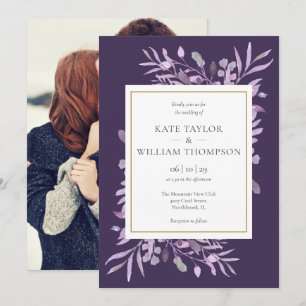 Purple Lavender Foliage Elegant Gold Photo Wedding Invitation