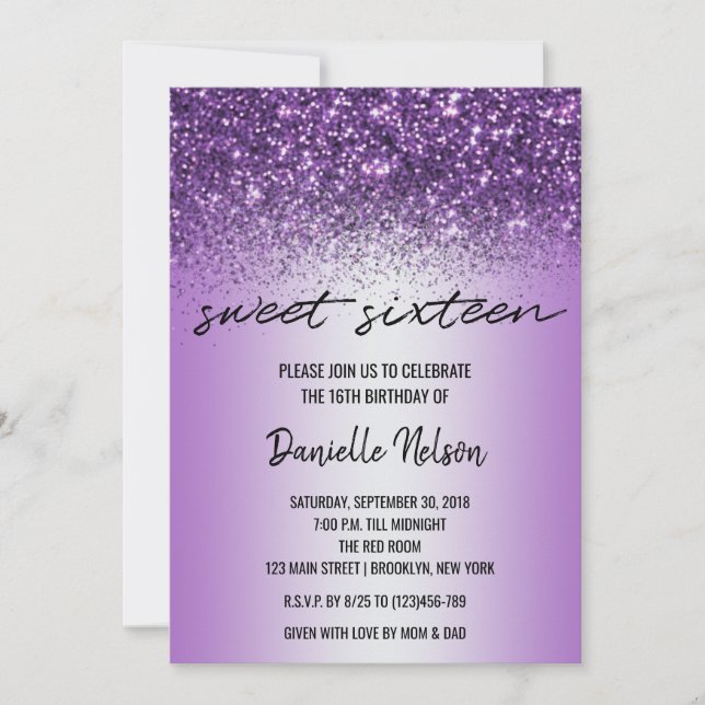 Purple Lavender Glitter Confetti Sparkle Sweet 16 Invitation (Front)