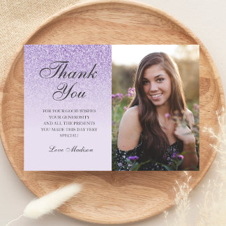 Purple lavender glitter  photo thank you Sweet 16 Card