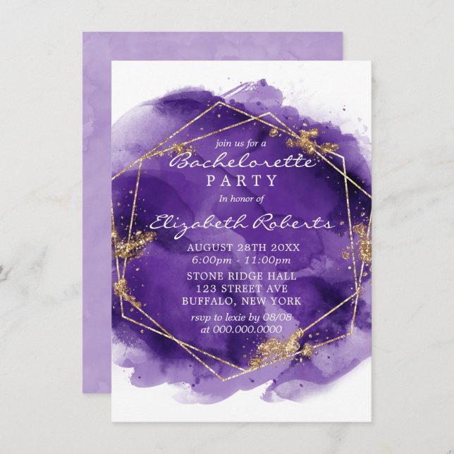 Purple Lavender Gold Paint Bachelorette Party  Inv Invitation (Front/Back)