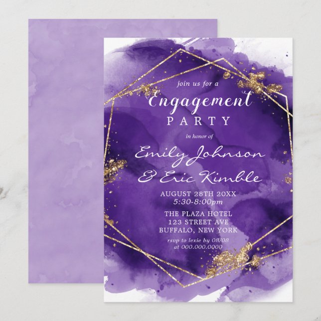 Purple Lavender Gold Paint Engagement Party Invita Invitation (Front/Back)