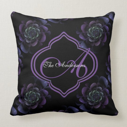 Purple Lavender Green Black Floral Monogram Throw Pillow