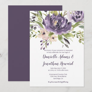Purple Lavender Green Watercolor Peonies Wedding Invitation