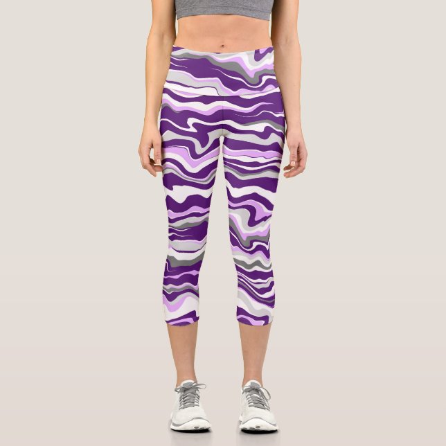 Purple, Lavender, Grey fluid stripes Capri Leggings (Front)