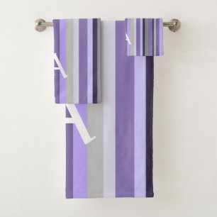 Purple Lavender Grey Vertical Striped Personalized Bath Towel Set
