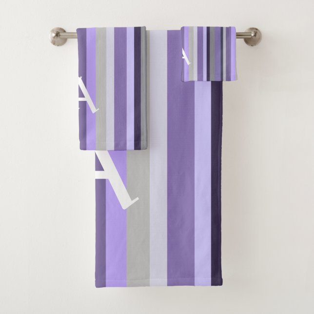 Purple Lavender Grey Vertical Striped Personalized Bath Towel Set (Insitu)