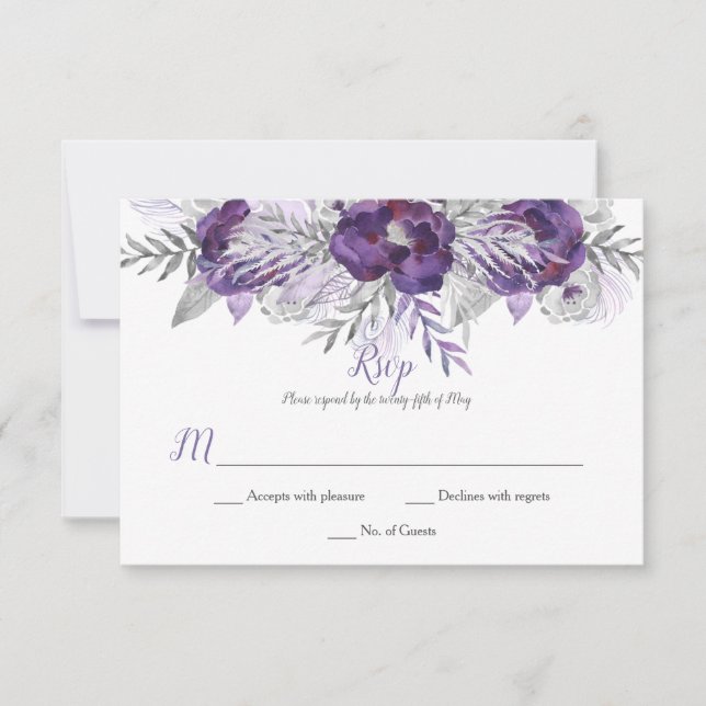 Purple Lavender Grey Watercolor Roses RSVP Card (Front)