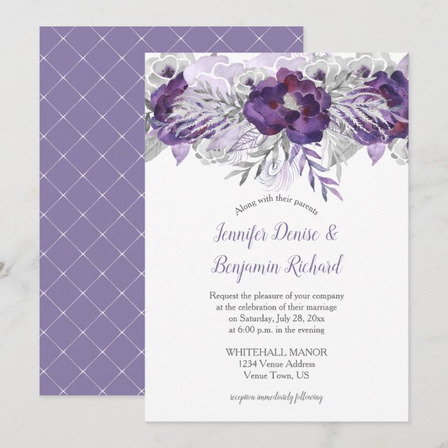 Purple Lavender Gris Aquarelle Fleurs Invitation (Devant / Derrière)