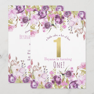 Purple Lavender Lilac Floral Modern 1st Birthday Invitation