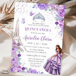 Purple Lavender Lilac Floral Quinceañera Paris  Invitation<br><div class="desc">Celebrate a magical day in style with this Pink Roses Floral Gold Quinceañera invitation! 🌹👑 Featuring a luxurious gold tiara crown and delicate baby pink flowers, this elegant design brings the charm of Paris with a stunning Eiffel Tower backdrop. The soft pastel roses and fluttering garden butterflies create a whimsical...</div>