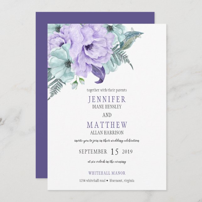 Purple Lavender Mint Peonies Wedding Invitation (Front/Back)