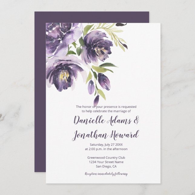 Purple Lavender Peonies Greenery Wedding Invitation (Front/Back)