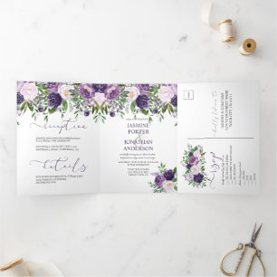 Purple, Lavender, Pink Floral Boho Wedding   Tri-Fold Invitation