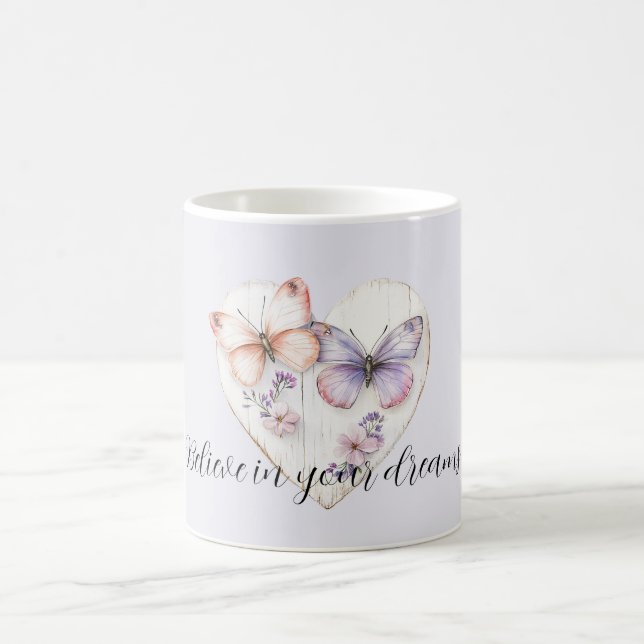 Purple Lavender Pink Floral Heart Butterflies Coffee Mug (Center)