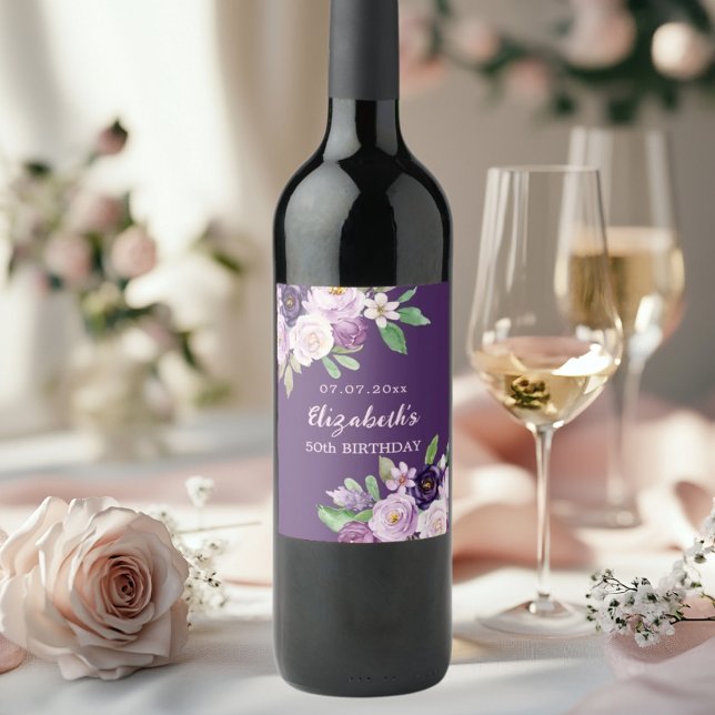 Purple lavender pink florals birthday wine label (Creator Uploaded)