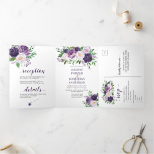 Purple, Lavender, Pink Roses Wedding   Tri-Fold Invitation
