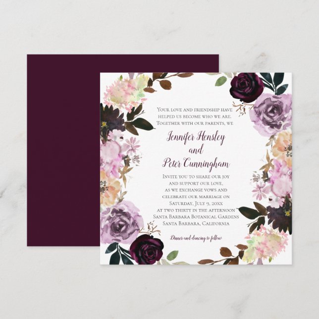 Purple Lavender Pink White Floral Wreath Wedding Invitation (Front/Back)