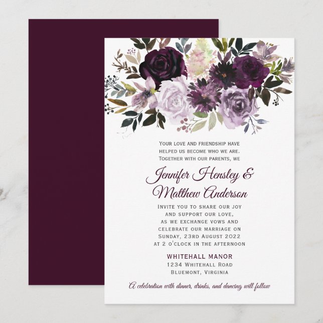 Purple Lavender Pink White Peonies Roses Wedding Invitation (Front/Back)