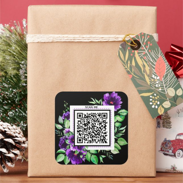 Purple Lavender Rose Flower Thank You QR Code Square Sticker (Holiday)