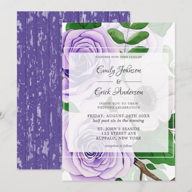 Purple Lavender Roses Green Watercolor Wedding  In Invitation (Front/Back)