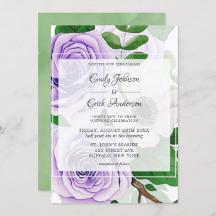 Purple Lavender Roses Green Watercolor Wedding Invitation