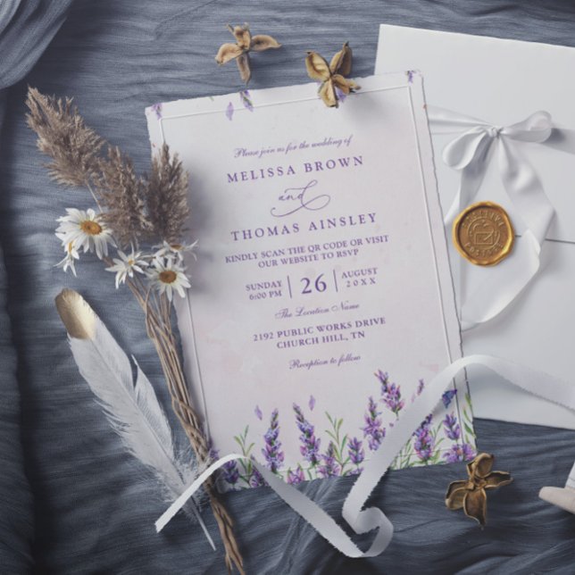 Purple Lavender Rustic Elegant QR Code Wedding Invitation (Creator Uploaded)