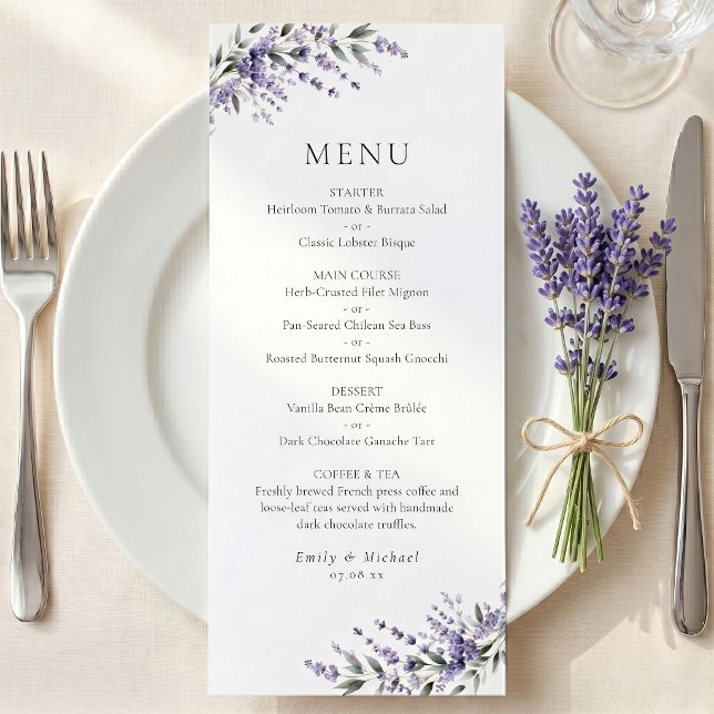 Purple Lavender Rustic Wedding Flat Menu (Creator Uploaded)