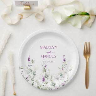 Purple Lavender Stems Greenery Wedding Reception  Paper Plate