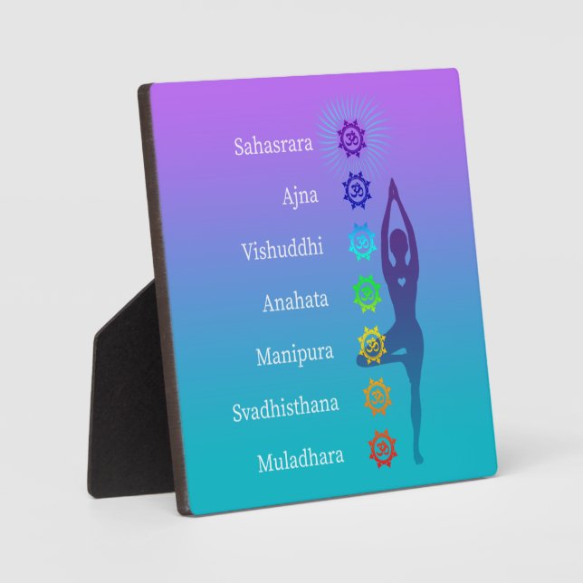 Purple Lavender Teal Sanskrit Chakras Tree Pose Plaque (Front)