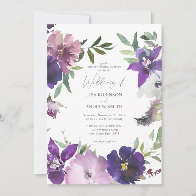 Purple Lavender & Violet Floral Wedding Invitation (Front)