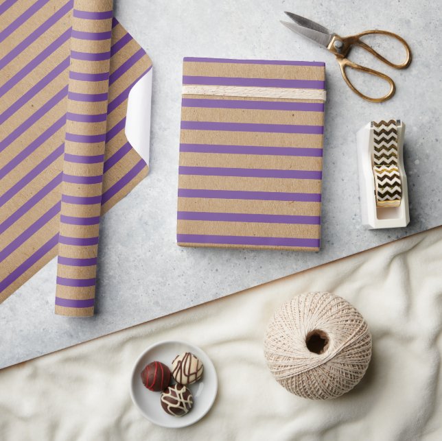Purple Lavender Violet Lines Faux Rustic Kraft Wrapping Paper (Crafts)