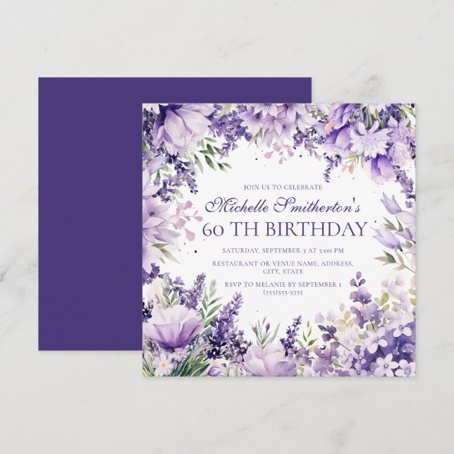 Purple Lavender Watercolor Floral 60th Birthday Invitation (Front/Back)