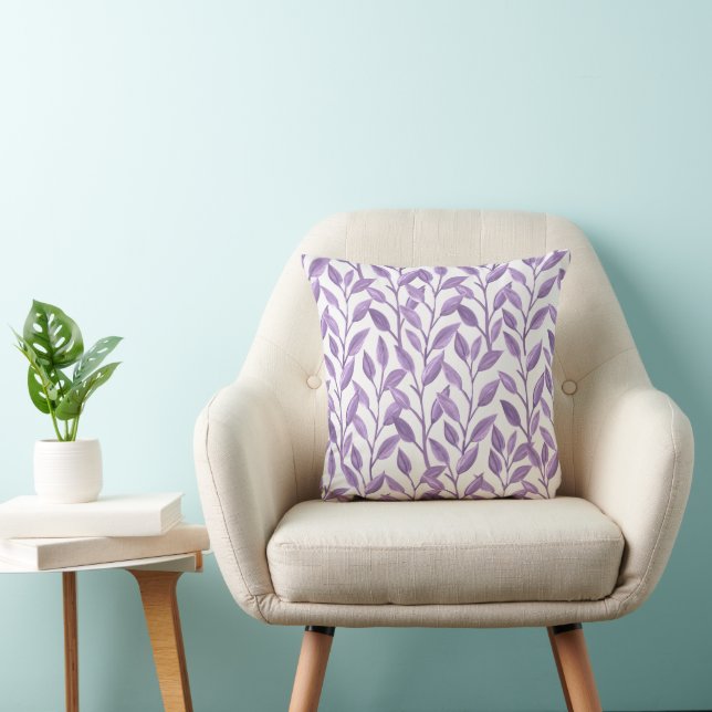 Purple Lavender Watercolor Leaf Pattern Throw Pillow (Chair)
