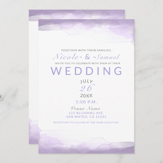 Purple Lavender Watercolor Modern Chic Wedding Invitation (Front/Back)