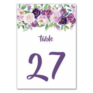 Purple & Lavender Watercolor Roses Table Number