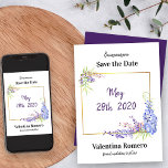Purple Lavender Watercolor Wisteria Floral Save The Date<br><div class="desc">Watercolor Floral Save the Date which you can edit for any occasion. Your special date sits in a gold frame, decorated with pretty wisteria flowers in shades of purple, lavender, pink and mauve with a little bit of greenery. The wording is in modern bold lettering and handwritten style typography, in...</div>