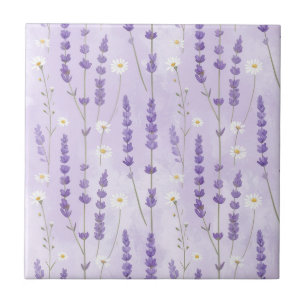 Purple Lavender & White Daisies on Pastel Lilac Tile